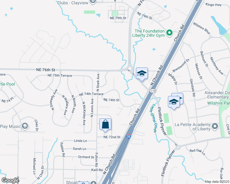 map of restaurants, bars, coffee shops, grocery stores, and more near 8837 Northeast 74th Terrace in Kansas City