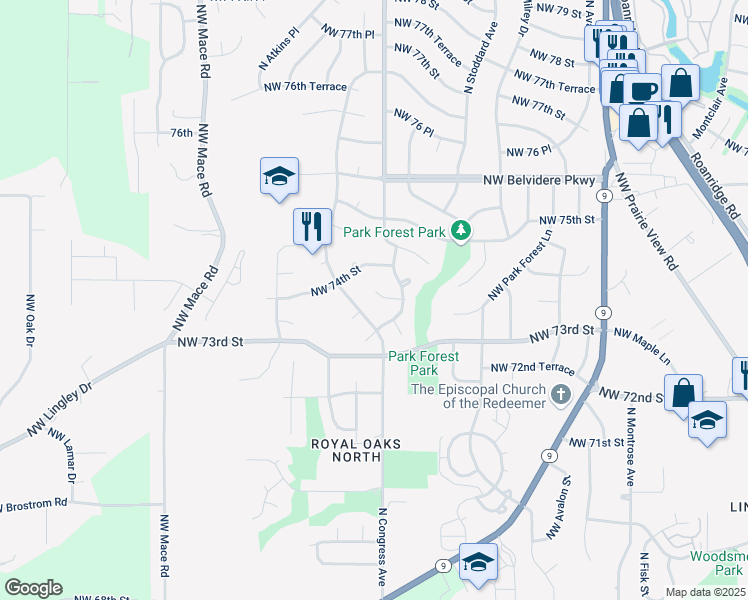 map of restaurants, bars, coffee shops, grocery stores, and more near 7341 North Rhode Avenue in Kansas City