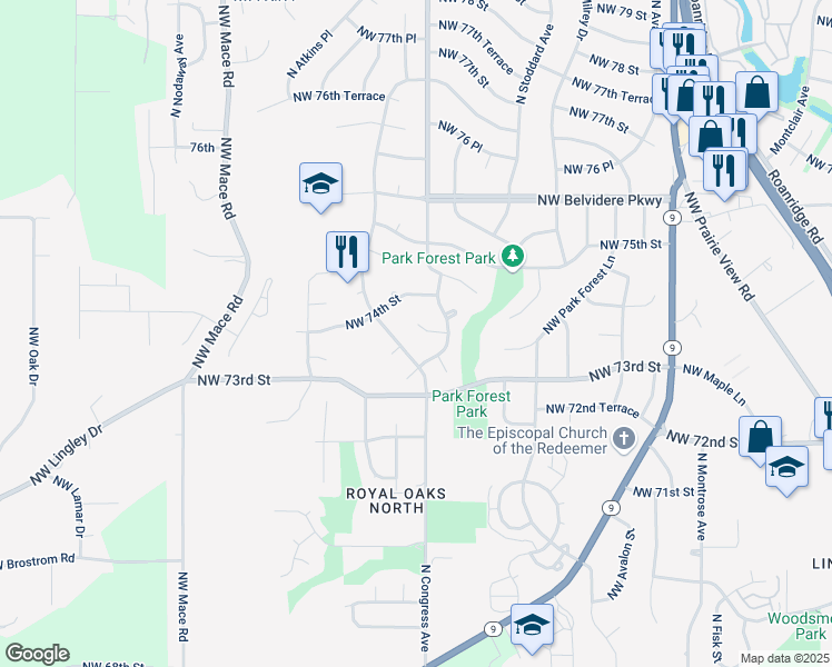 map of restaurants, bars, coffee shops, grocery stores, and more near 7341 North Rhode Avenue in Kansas City