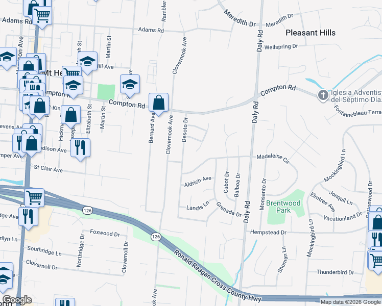map of restaurants, bars, coffee shops, grocery stores, and more near 8836 Desoto Drive in Cincinnati