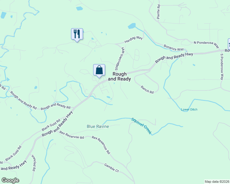 map of restaurants, bars, coffee shops, grocery stores, and more near 10109 Trauner Road in Rough and Ready
