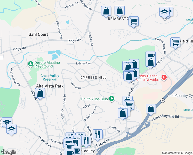 map of restaurants, bars, coffee shops, grocery stores, and more near 115 Castlemont Drive in Grass Valley