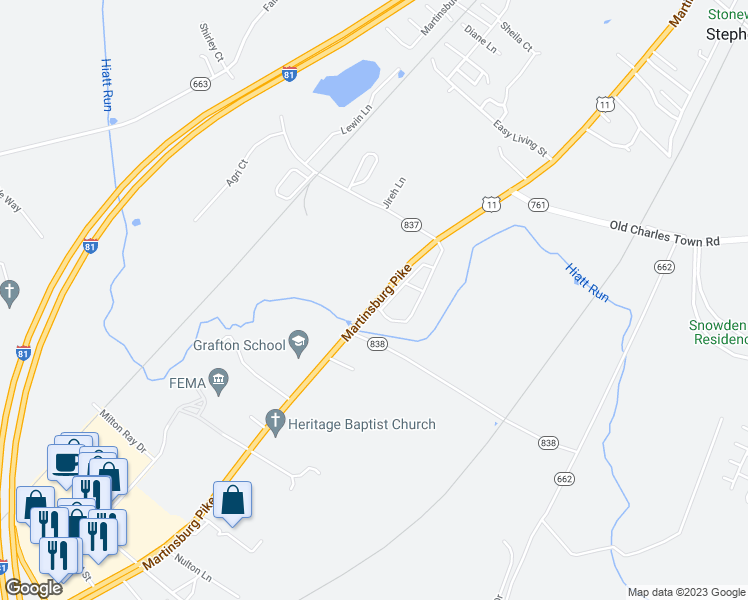 map of restaurants, bars, coffee shops, grocery stores, and more near 2239 Martinsburg Pike in Winchester