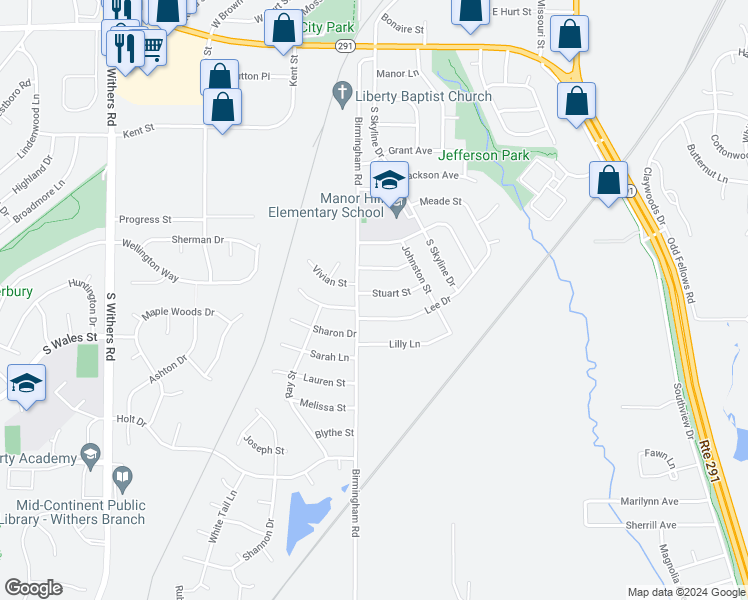 map of restaurants, bars, coffee shops, grocery stores, and more near 417 Stuart Street in Liberty