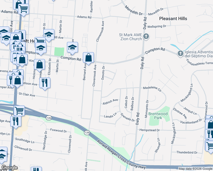 map of restaurants, bars, coffee shops, grocery stores, and more near 8836 Desoto Drive in Cincinnati