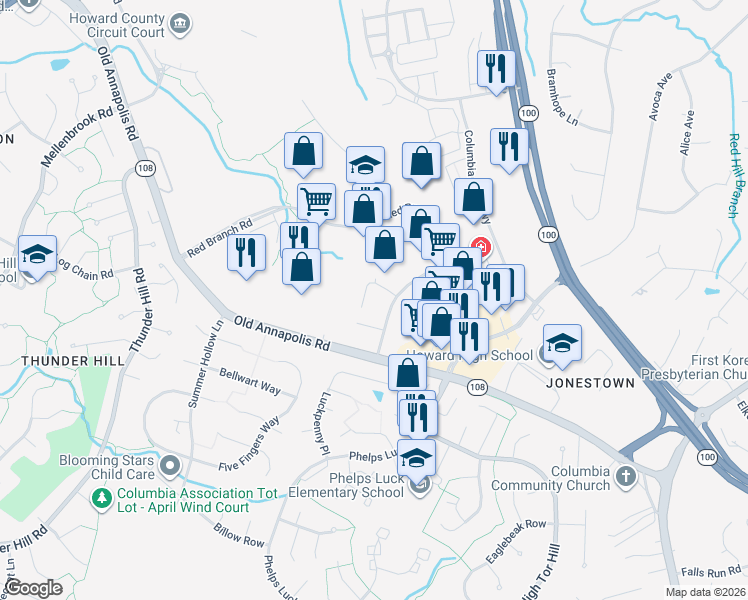 map of restaurants, bars, coffee shops, grocery stores, and more near 9017 Red Branch Road in Columbia