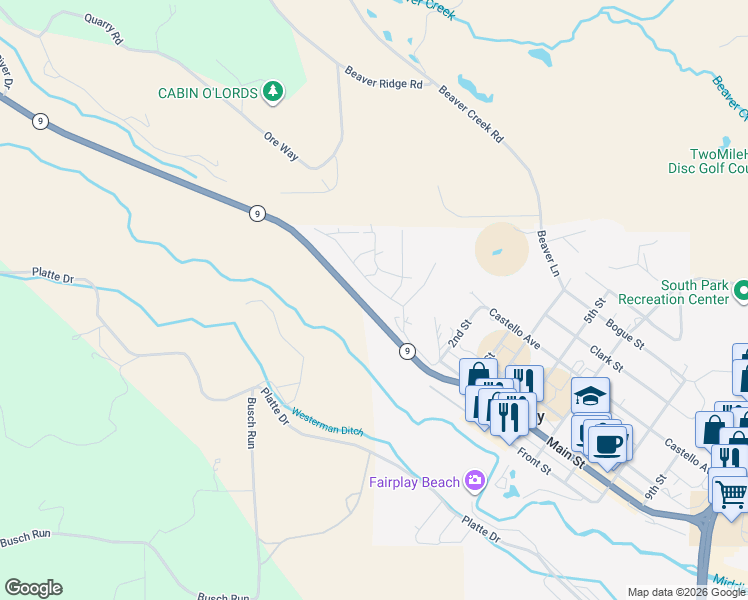 map of restaurants, bars, coffee shops, grocery stores, and more near 39 Platte View Drive in Fairplay