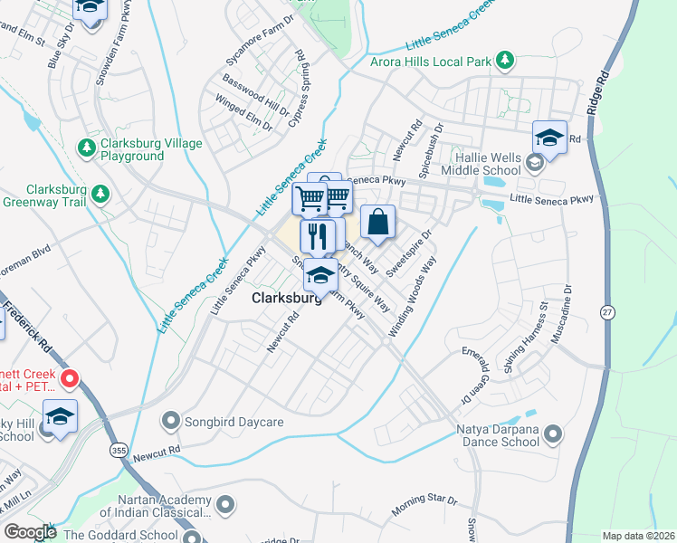 map of restaurants, bars, coffee shops, grocery stores, and more near 11910 Elm Shade Court in Clarksburg