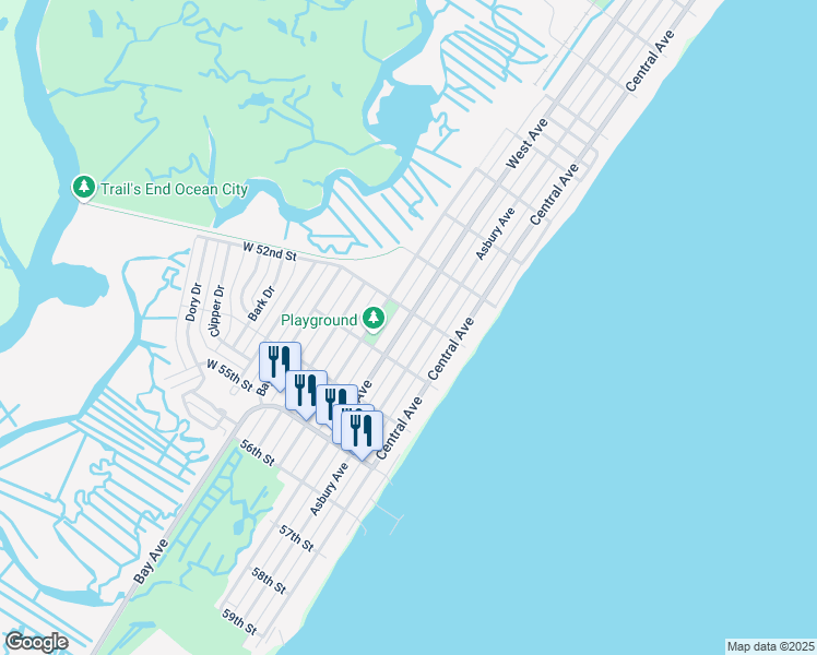 map of restaurants, bars, coffee shops, grocery stores, and more near 5228 Asbury Avenue in Ocean City