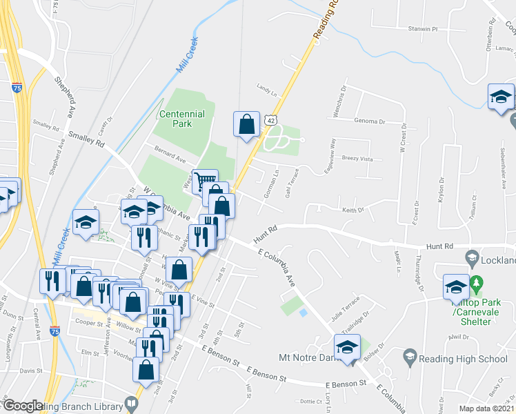 map of restaurants, bars, coffee shops, grocery stores, and more near 1535 Hunt Road in Cincinnati