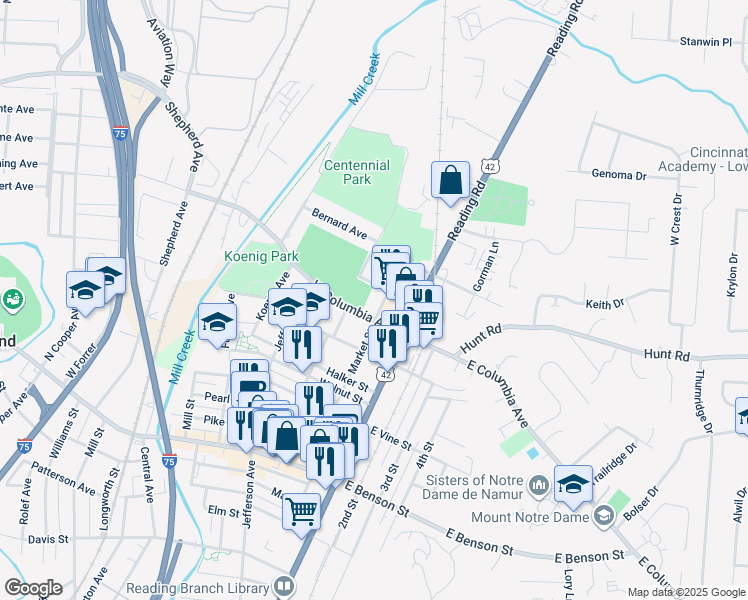 map of restaurants, bars, coffee shops, grocery stores, and more near 28 West Columbia Avenue in Reading