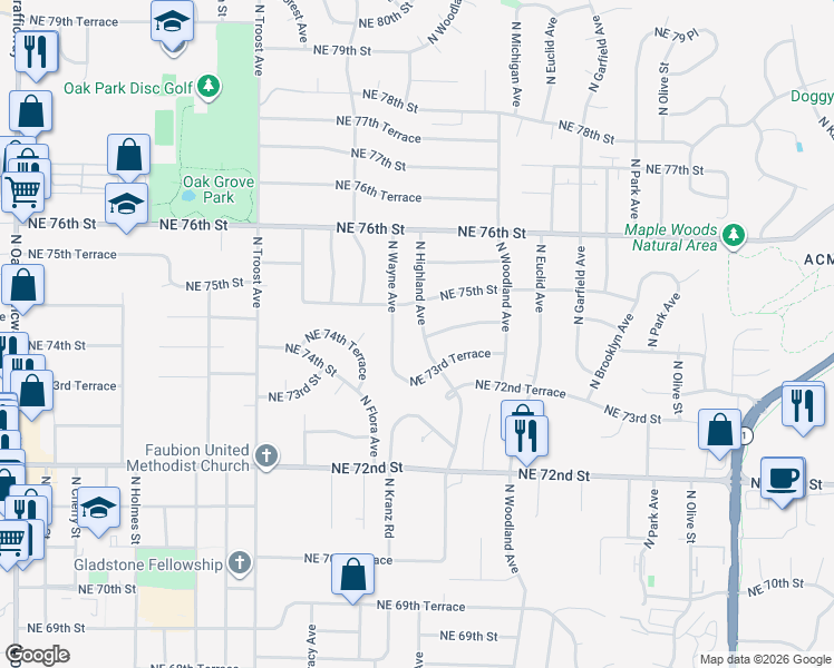 map of restaurants, bars, coffee shops, grocery stores, and more near 7307 North Highland Avenue in Kansas City