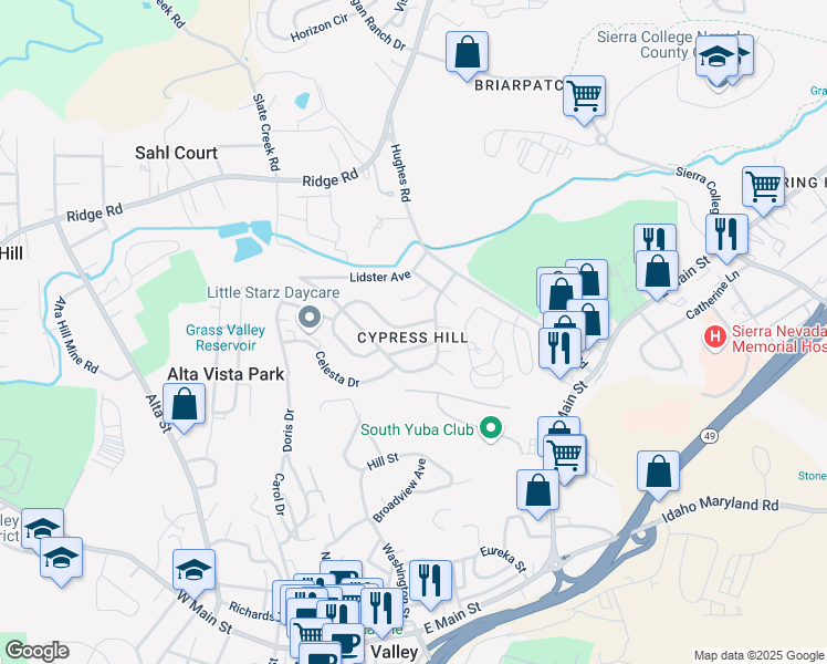 map of restaurants, bars, coffee shops, grocery stores, and more near 137 Arcadia Drive in Grass Valley