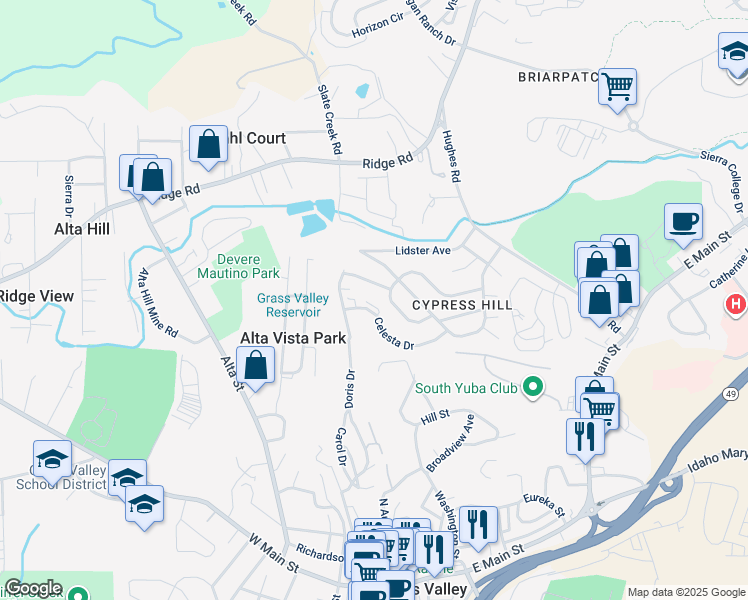 map of restaurants, bars, coffee shops, grocery stores, and more near 132 Celesta Drive in Grass Valley