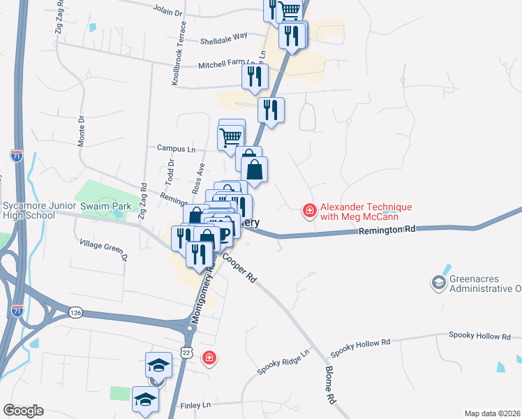 map of restaurants, bars, coffee shops, grocery stores, and more near 9500 Main Street in Montgomery