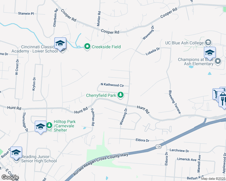 map of restaurants, bars, coffee shops, grocery stores, and more near 2604 South Kathwood Circle in Cincinnati