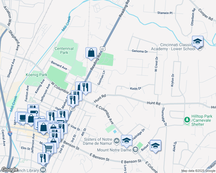map of restaurants, bars, coffee shops, grocery stores, and more near 121 Heile Drive in Cincinnati