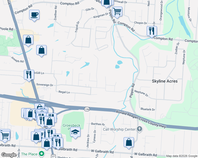 map of restaurants, bars, coffee shops, grocery stores, and more near 2856 Sovereign Drive in Cincinnati