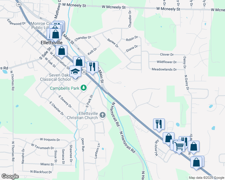 map of restaurants, bars, coffee shops, grocery stores, and more near 601 East Temperance Street in Ellettsville