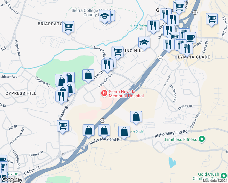 map of restaurants, bars, coffee shops, grocery stores, and more near 111 Margaret Lane in Grass Valley
