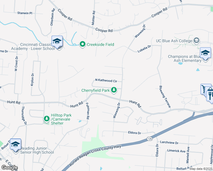 map of restaurants, bars, coffee shops, grocery stores, and more near 2604 South Kathwood Circle in Cincinnati