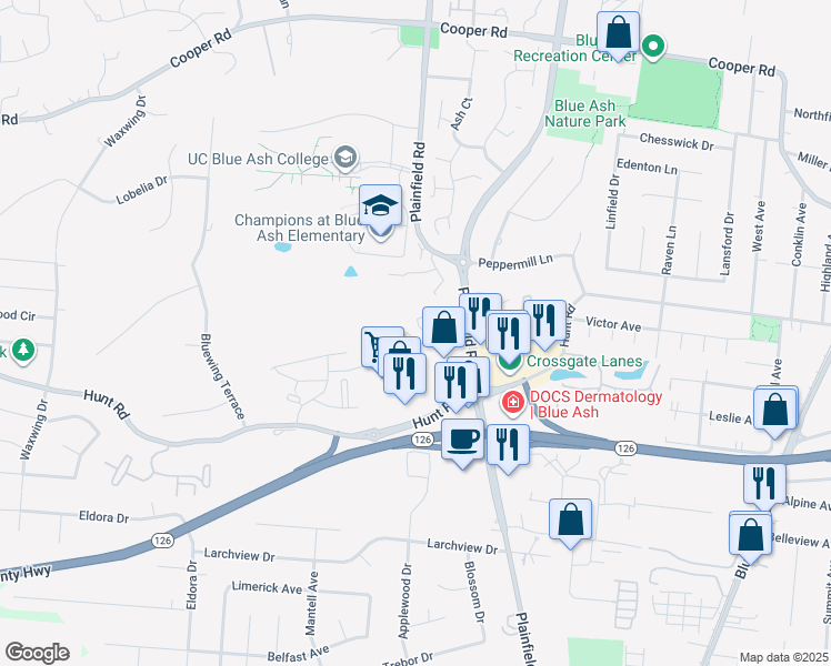 map of restaurants, bars, coffee shops, grocery stores, and more near 4042 Georgetown Road in Blue Ash