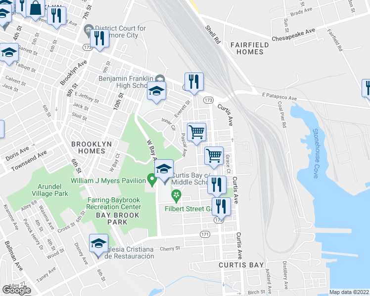 map of restaurants, bars, coffee shops, grocery stores, and more near Pascal Avenue in Baltimore