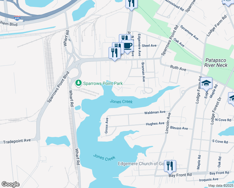 map of restaurants, bars, coffee shops, grocery stores, and more near 2634 Masseth Avenue in Sparrows Point