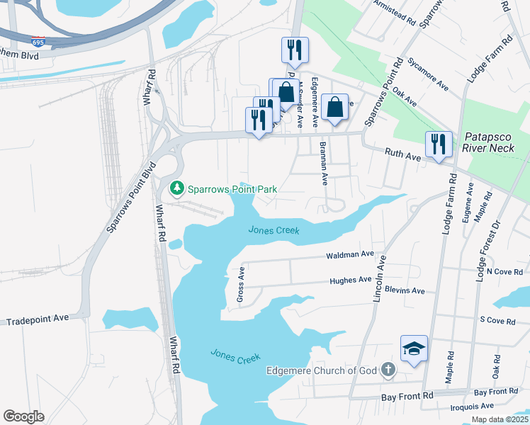 map of restaurants, bars, coffee shops, grocery stores, and more near 2634 Masseth Avenue in Sparrows Point