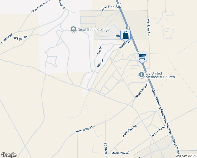map of restaurants, bars, coffee shops, grocery stores, and more near 2460 Mineral Drive in Ely