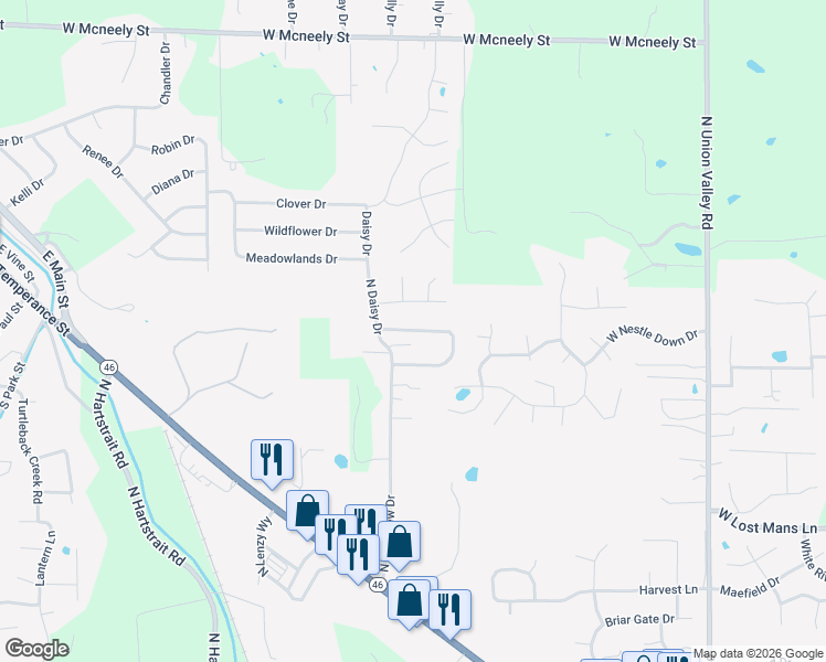 map of restaurants, bars, coffee shops, grocery stores, and more near 5451 West Channing Way in Ellettsville