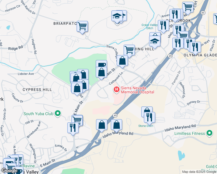 map of restaurants, bars, coffee shops, grocery stores, and more near 115 Catherine Lane in Grass Valley