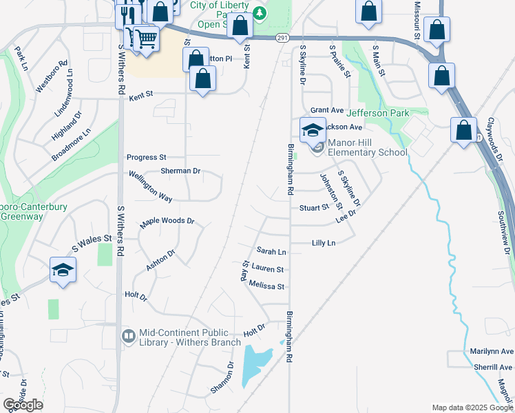 map of restaurants, bars, coffee shops, grocery stores, and more near 528 Clyde Street in Liberty
