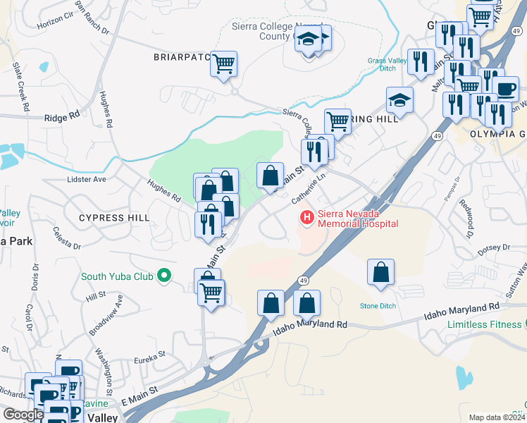 map of restaurants, bars, coffee shops, grocery stores, and more near 1081 East Main Street in Grass Valley
