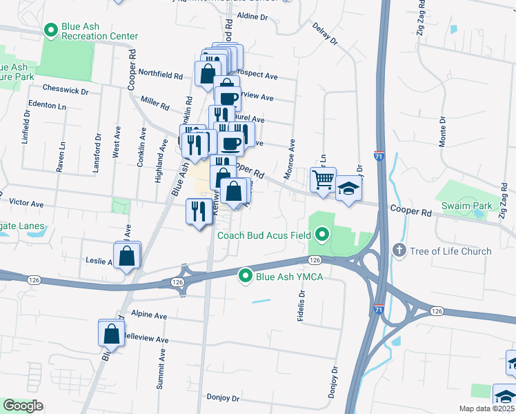 map of restaurants, bars, coffee shops, grocery stores, and more near 4924 Hunt Road in Blue Ash