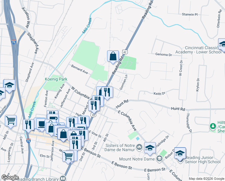 map of restaurants, bars, coffee shops, grocery stores, and more near 9334 Reading Road in Cincinnati