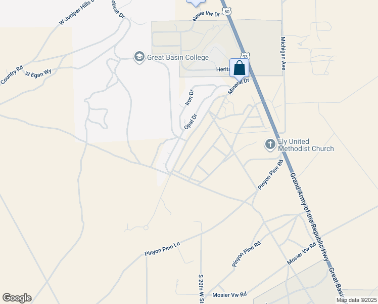 map of restaurants, bars, coffee shops, grocery stores, and more near 2460 Mineral Drive in Ely