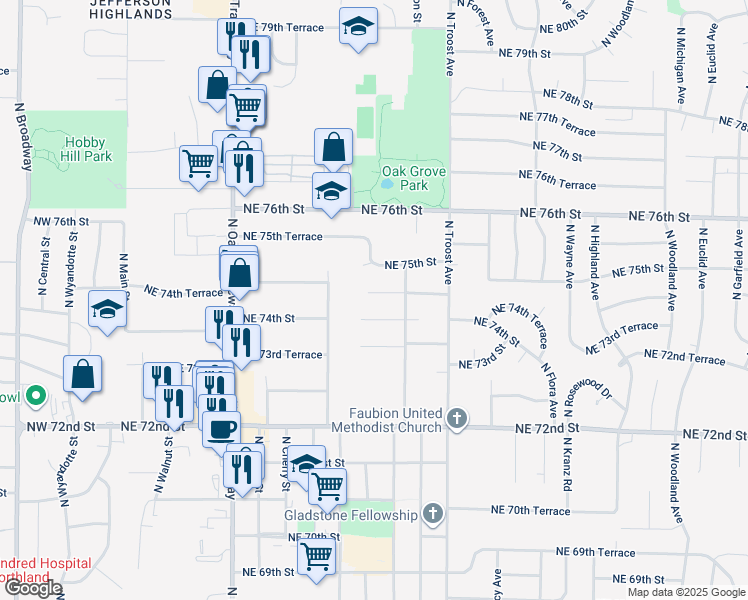 map of restaurants, bars, coffee shops, grocery stores, and more near 804 Northeast 74 Street in Kansas City