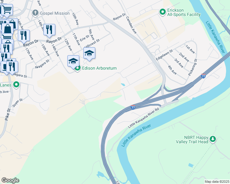 map of restaurants, bars, coffee shops, grocery stores, and more near 1004 Pinehurst Ave in Parkersburg