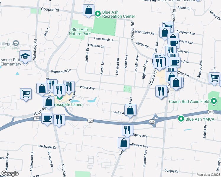 map of restaurants, bars, coffee shops, grocery stores, and more near 4500 Victor Avenue in Cincinnati