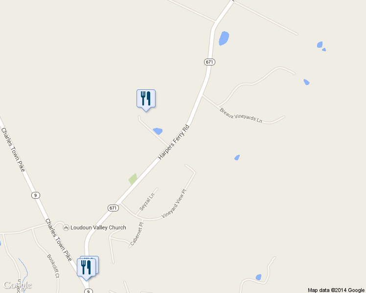 map of restaurants, bars, coffee shops, grocery stores, and more near 14047 Merlot Lane in Purcellville