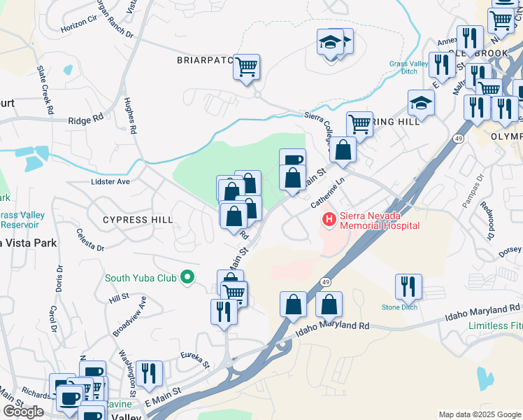 map of restaurants, bars, coffee shops, grocery stores, and more near 970 East Main Street in Grass Valley
