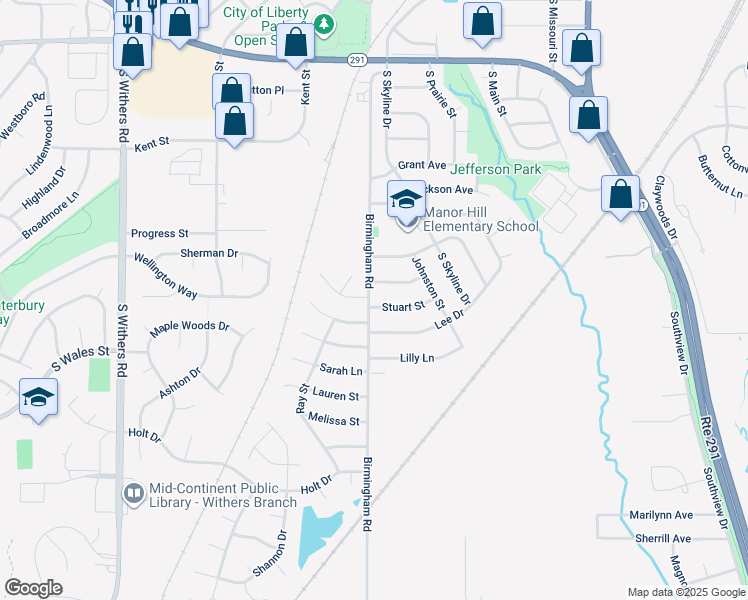 map of restaurants, bars, coffee shops, grocery stores, and more near 1609 Ray Street in Liberty