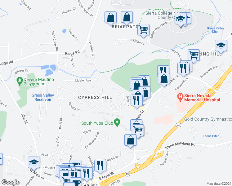 map of restaurants, bars, coffee shops, grocery stores, and more near 107 Rockwood Drive in Grass Valley