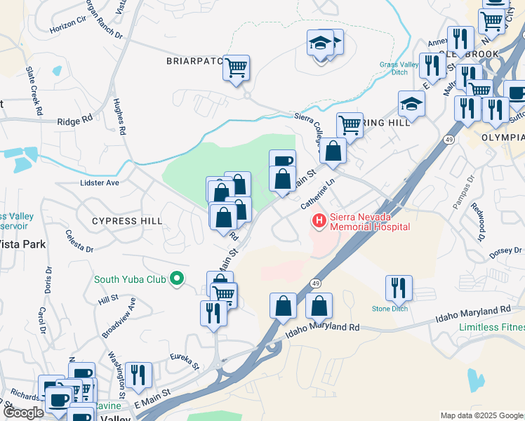 map of restaurants, bars, coffee shops, grocery stores, and more near 970 East Main Street in Grass Valley