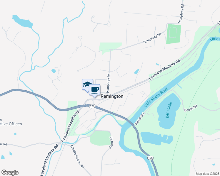 map of restaurants, bars, coffee shops, grocery stores, and more near 9571 Loveland Madeira Road in Loveland