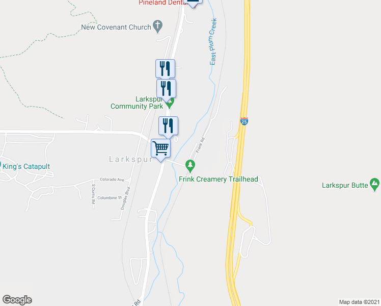map of restaurants, bars, coffee shops, grocery stores, and more near 9071 South Frink Road in Larkspur
