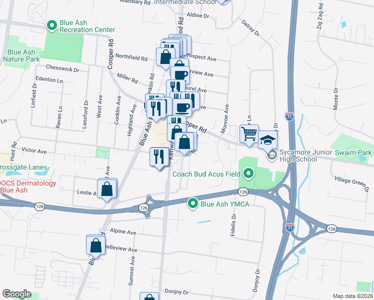 map of restaurants, bars, coffee shops, grocery stores, and more near 9500 Kenwood Road in Cincinnati