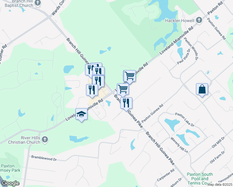 map of restaurants, bars, coffee shops, grocery stores, and more near 6388 Branch Hill-Guinea Pike in Loveland