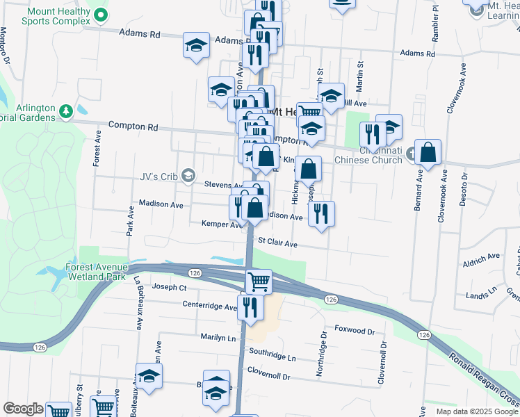 map of restaurants, bars, coffee shops, grocery stores, and more near 7355 Perry Street in Cincinnati
